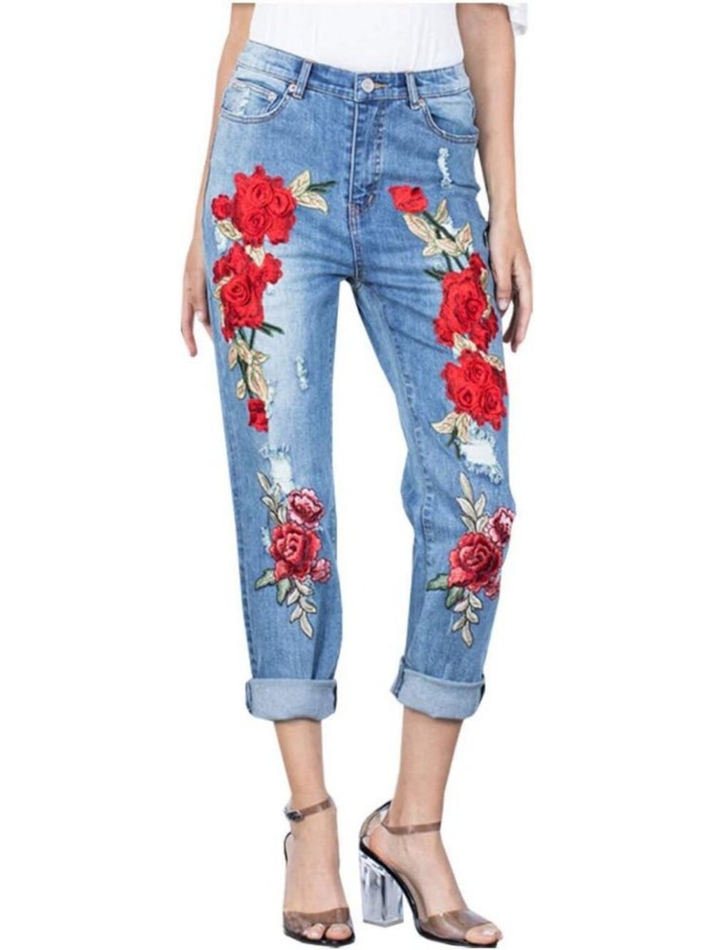 Floral Embroidered Cropped Straight Leg Jeans for Women - Trendy Denim Pants